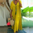 thumbnail image 2 of Vestido largo plisado de manga corta con cuello en V profundo para mujer, vestido de verano, vestido de cintura suelta, Color sólido, cómodo, informal, 2 of 4