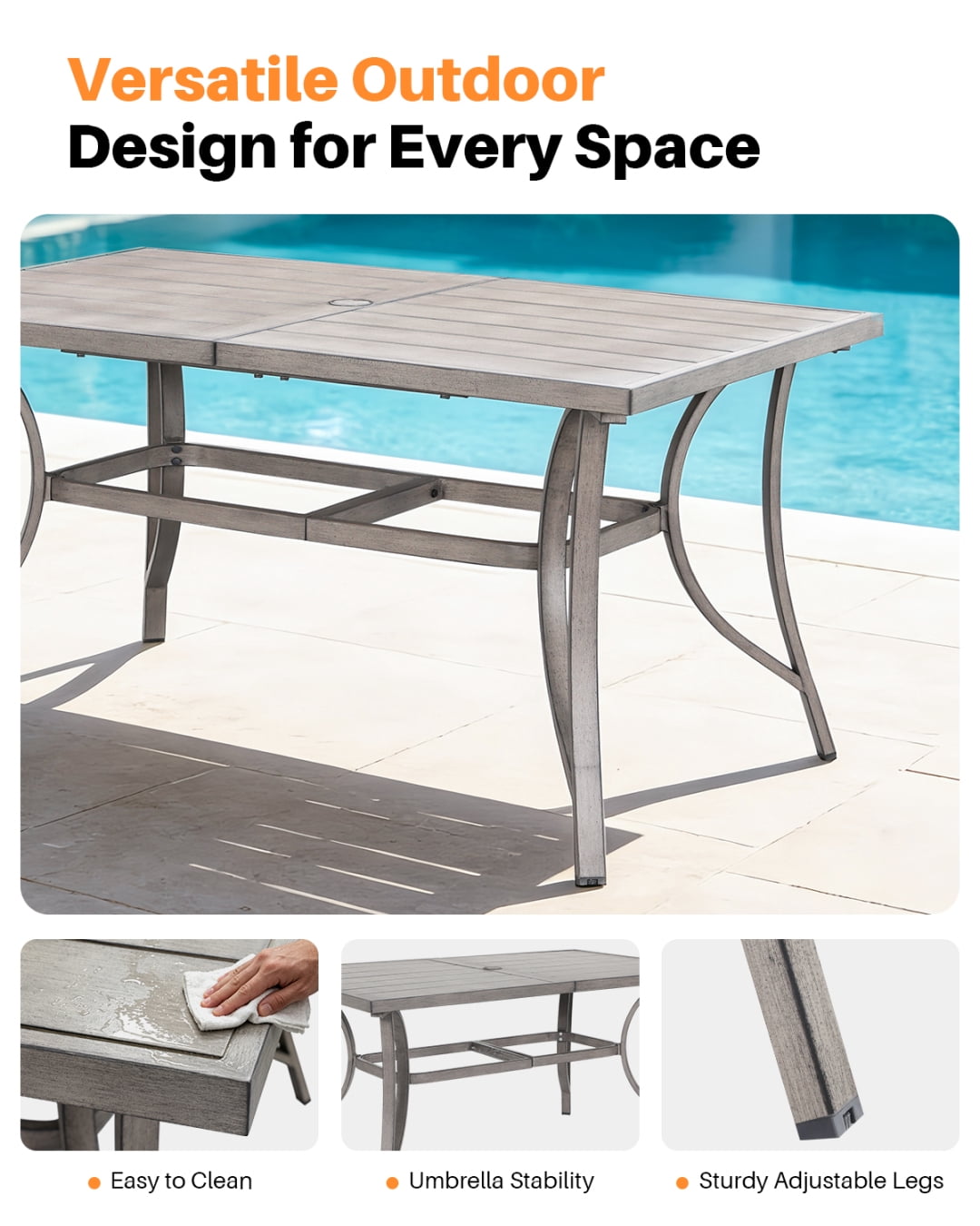 60" Outdoor Rectangle Dining Table for 6 with Umbrella Hole, Aluminum Sturdy Frame, Limed Oak