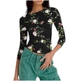 thumbnail image 3 of qucoqpe Crop Tops for Women Summer Fashion Casual Floral Printed Crew Neck 3/4 Sleeve Shirts Slim Fit Blouses, 3 of 5
