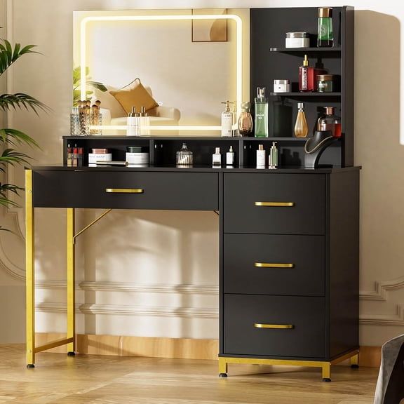 COMHOMA Vanity Desk with Large Mirror and Lights, Makeup Table with 4 Drawers & Storage Shelves for Bedroom, Black