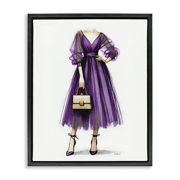 Stupell Industries Glam Purple Gown Fashion Painting Black Floater Framed Canvas Art Print Wall Art, 17 x 21