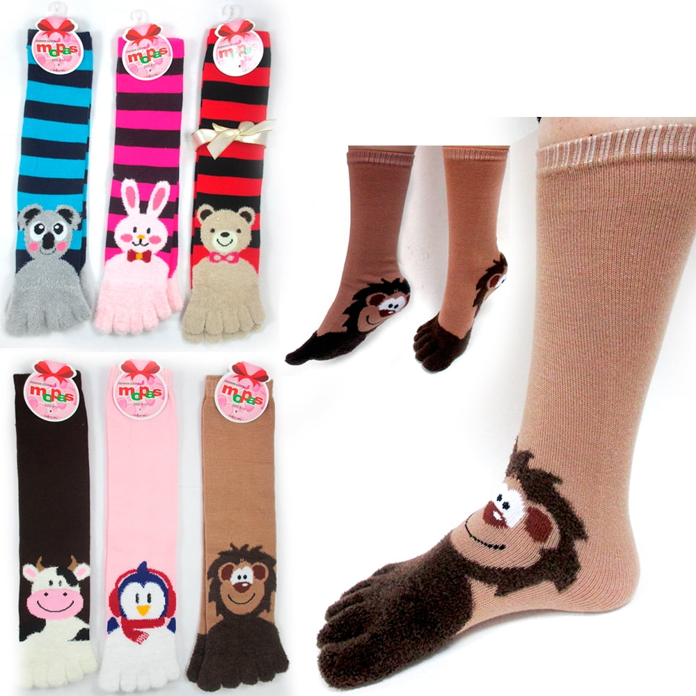 12 Pairs Toe Socks Calf Length Funny Feet Animal Womens Striped Toe
