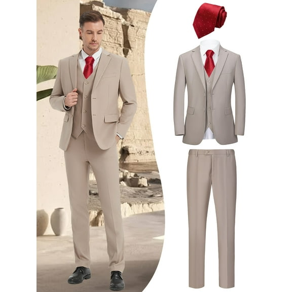Beauty-Emily Men's 4-Piece Boutique Suit with Jacket, Vest, Pants & Red Tie – V-Neck Design, Tailored Fit, Premium Fabric, Wedding, Party & Business Wear