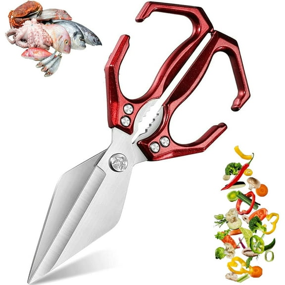 Seattleget Multifunctional Heavy-Duty Kitchen Shears, Sharp Stainless Poultry Scissors Heavy Duty Cut Bone, 2025 New 2 In 1 Ergonomic Kitchen Scissors For Chicken, Meat, Seafood Cutting (Red)