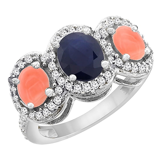 10K White Gold Natural Blue Sapphire & Coral 3-Stone Ring Oval Diamond Accent, size 5