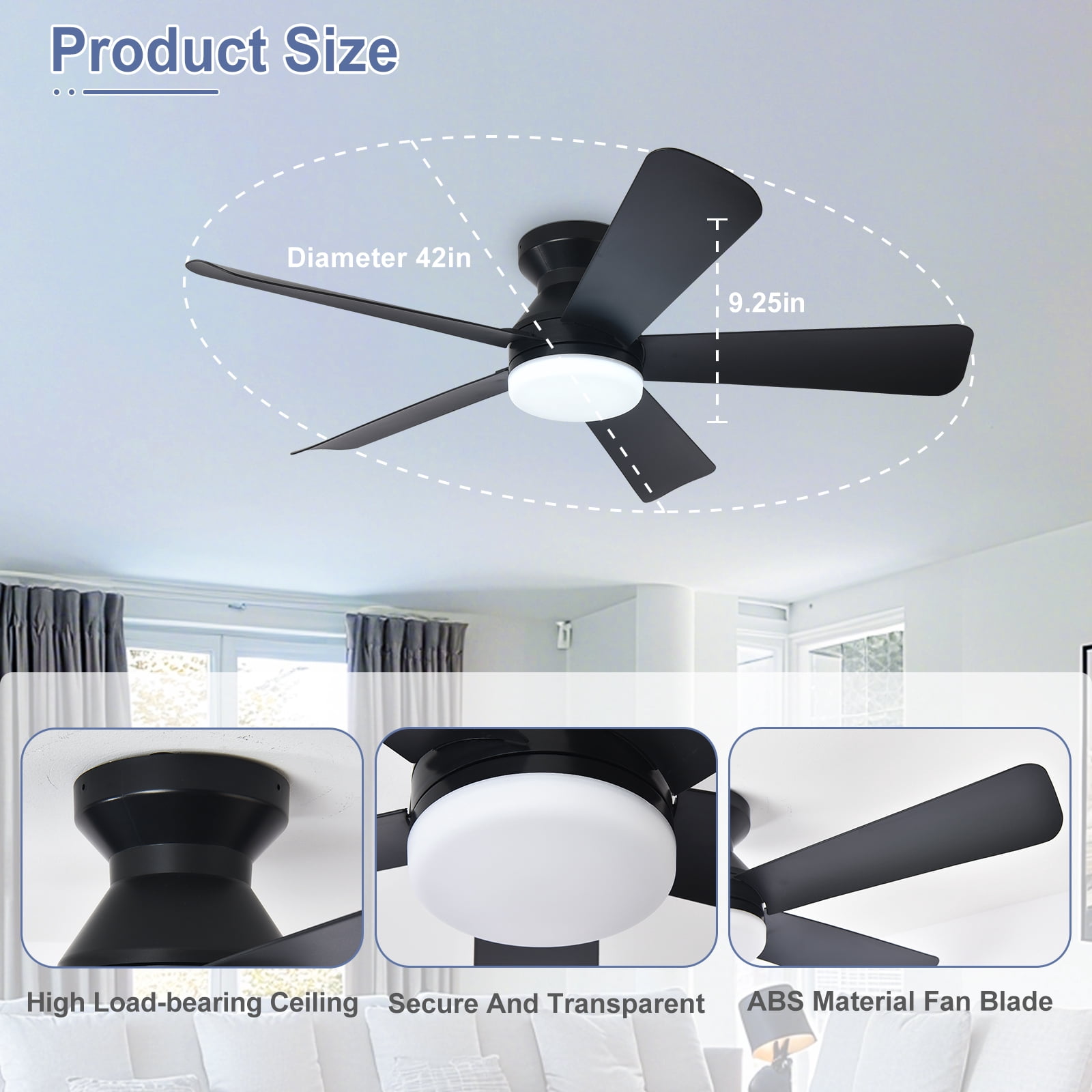 42-Inch Low Profile Ceiling Fan with Light - Dimmable LED, 6-Speed and 3 CCT, Quiet DC Motor, Remote Control, 5 Black Blades for Indoor/Outdoor
