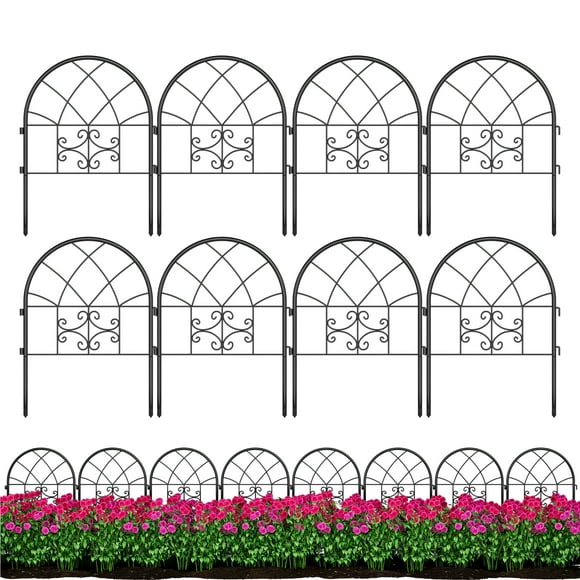 Elegant Metal Garden Fence Panels - Outdoor Decorative Perimeter, Rustproof, No Dig Installation for Landscaping, Yard & Pathway - Black, 8PCS