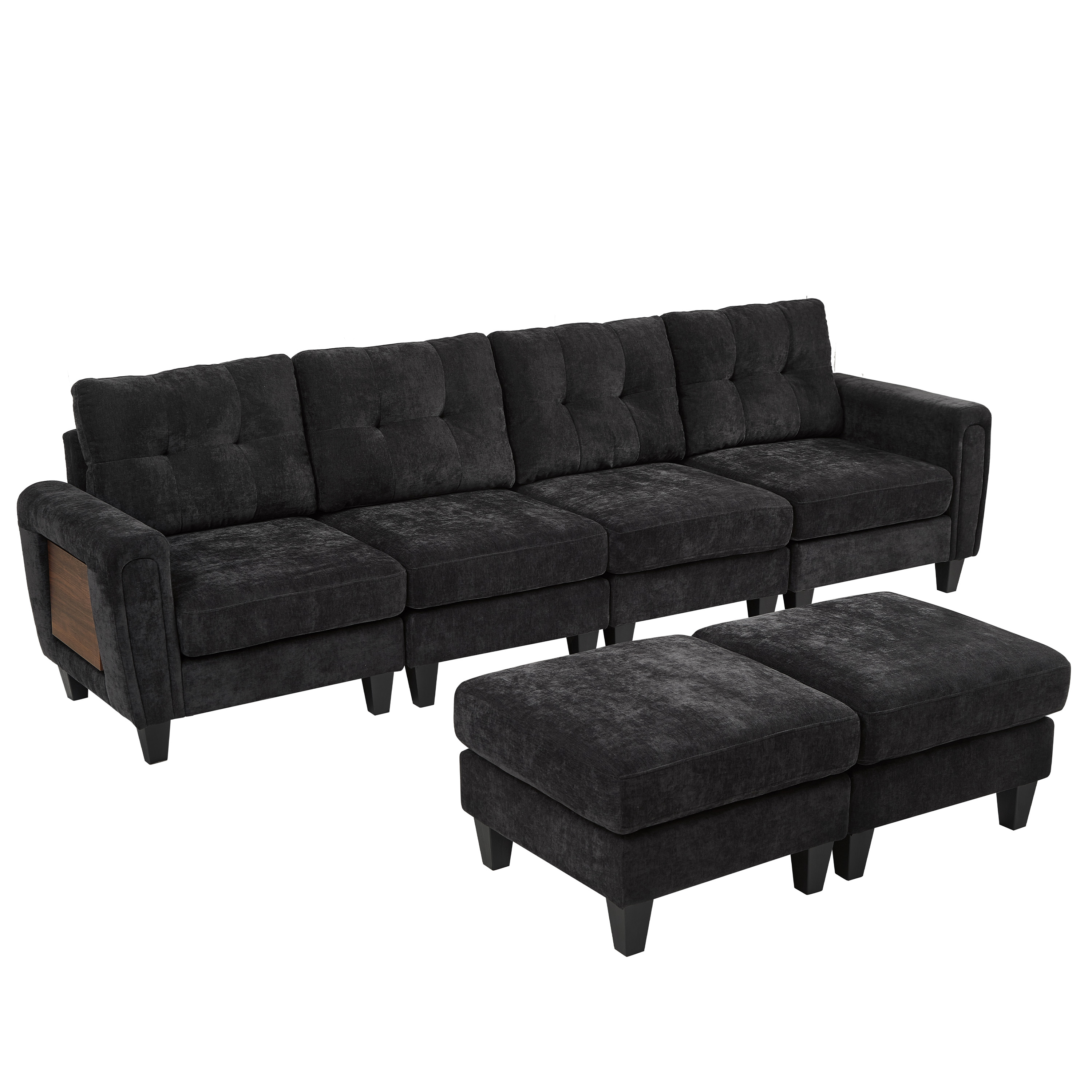 Euroco Modern Sectional Sofa 115" U-shaped Sofa Upholstered Sofa Couch with Two Movable Ottomans, USB Ports and Side Tables for Living Room, Black