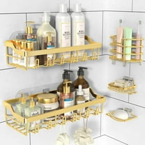 5 Pack Shower Caddy, Adhesive Shower Organizer for Bathroom Storage, Rustproof Stainless Steel Shower Shelves, No Drilling, Large Capacity Shower Rack Shelf for Inside Shower, Gold