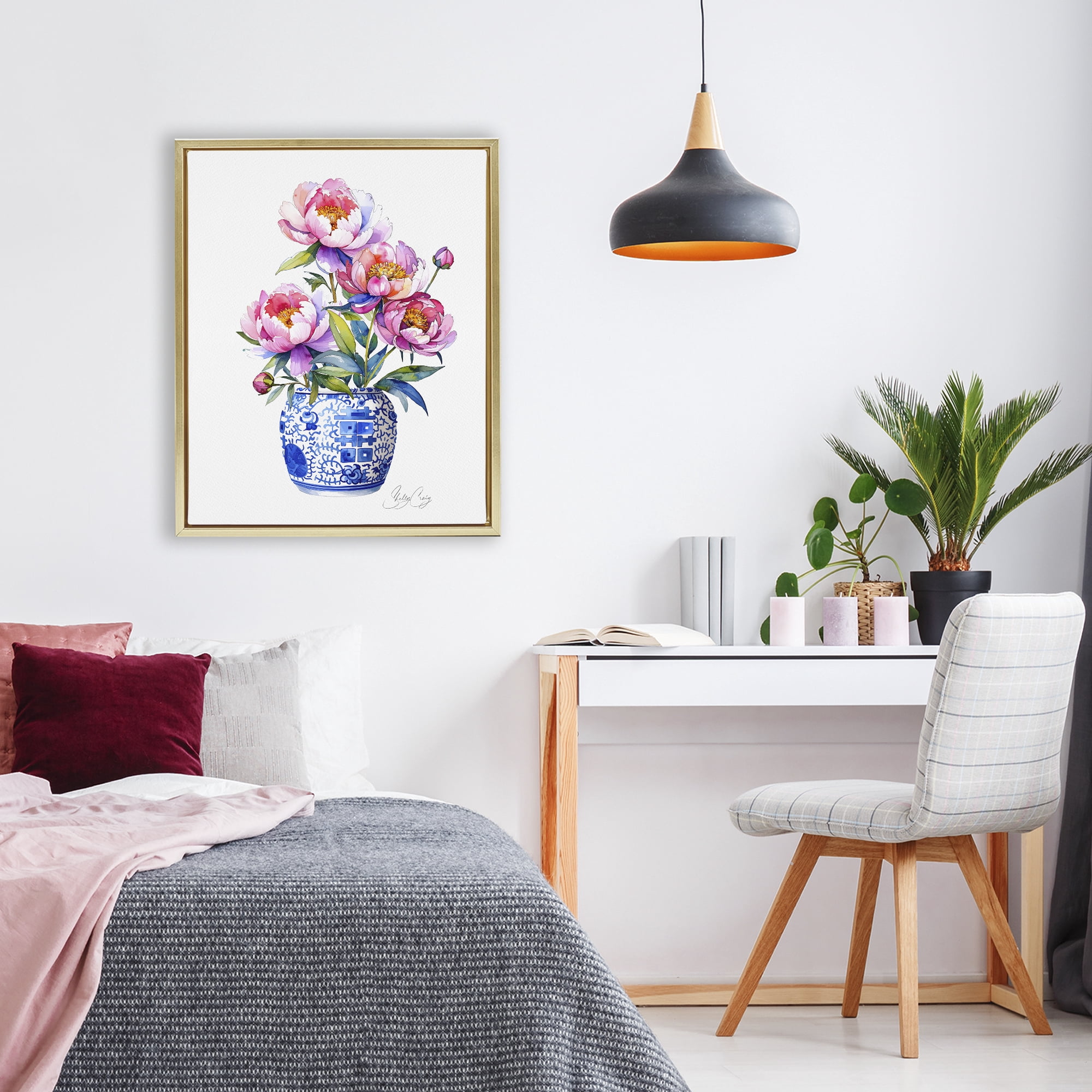 Stupell Industries Blue Dynasty Blooms Gold Framed Floater Canvas Wall Art, design by Shelly Craig