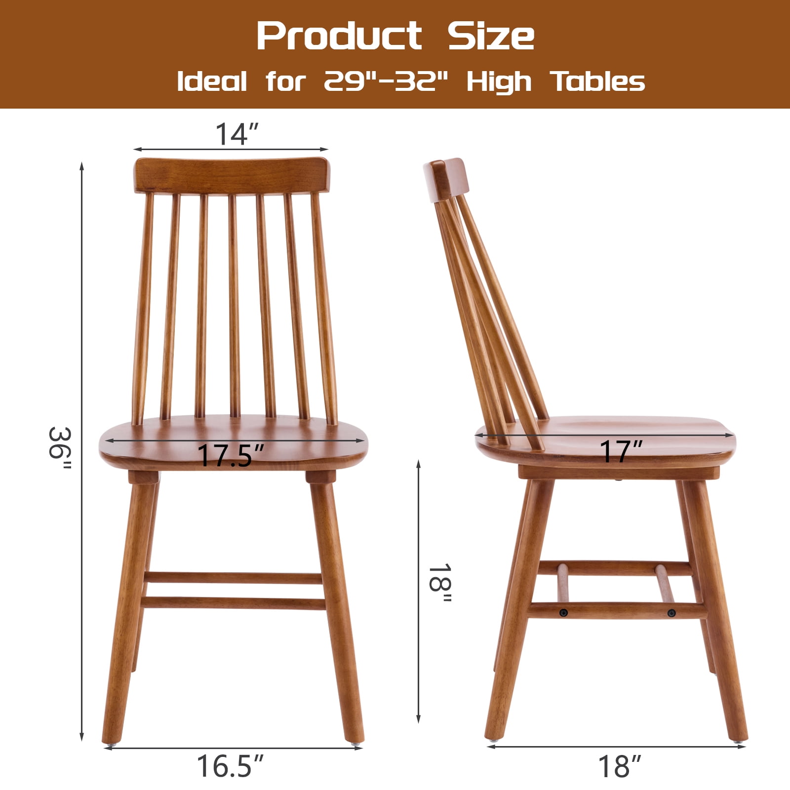 Farmhouse Wooden Dining Chairs Set of 4, Windsor Spindle Back Chair for Kitchen & Dining Room, Walnut