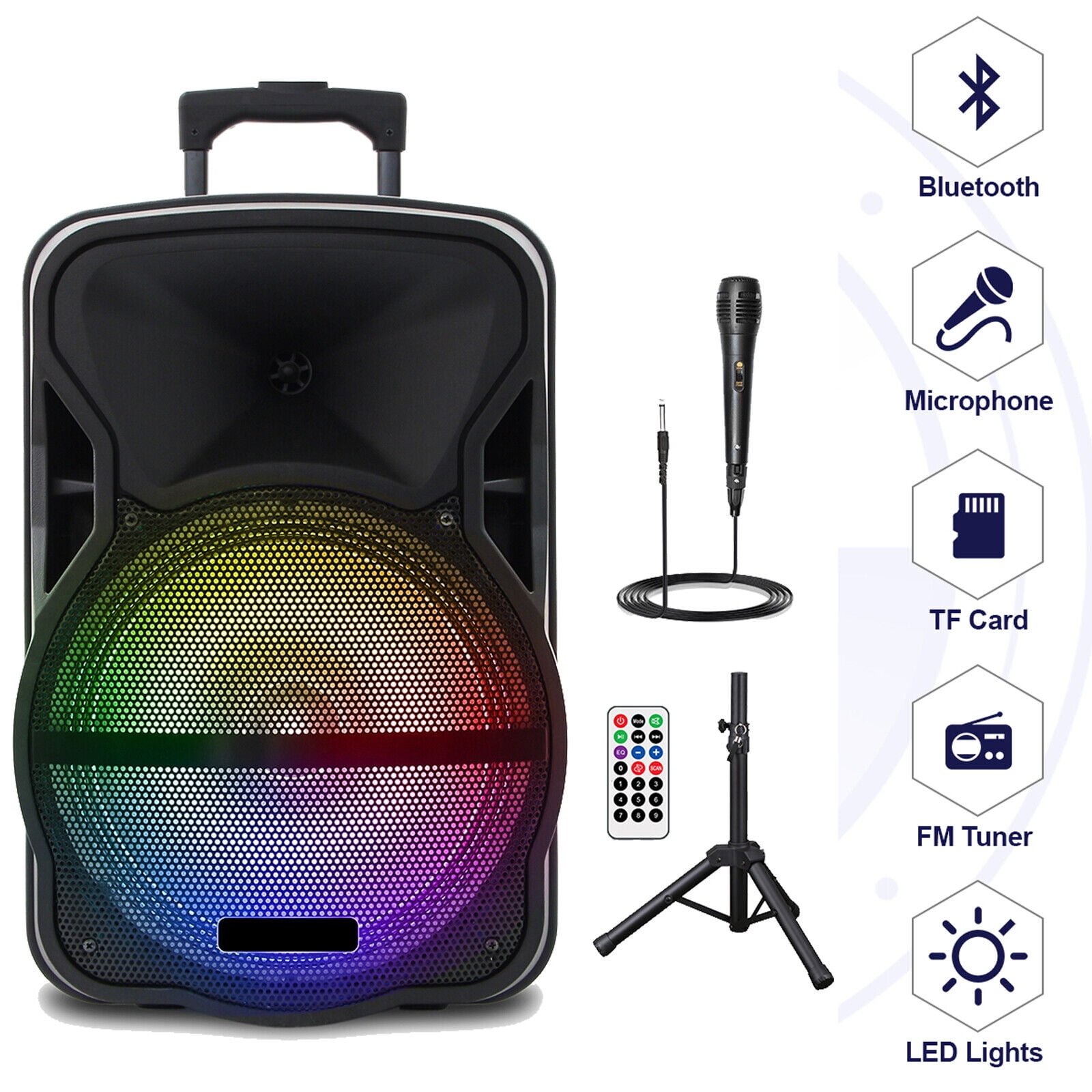 Curuk 2 Pack Wireless Speaker With Tripod Stand, 12" Woofer Bluetooth Speaker PA Sound SystemHeavy Bass Subwoofer with Trolley Handle and Wheels, Remote Control, Speaker Stand, Wired Microphone