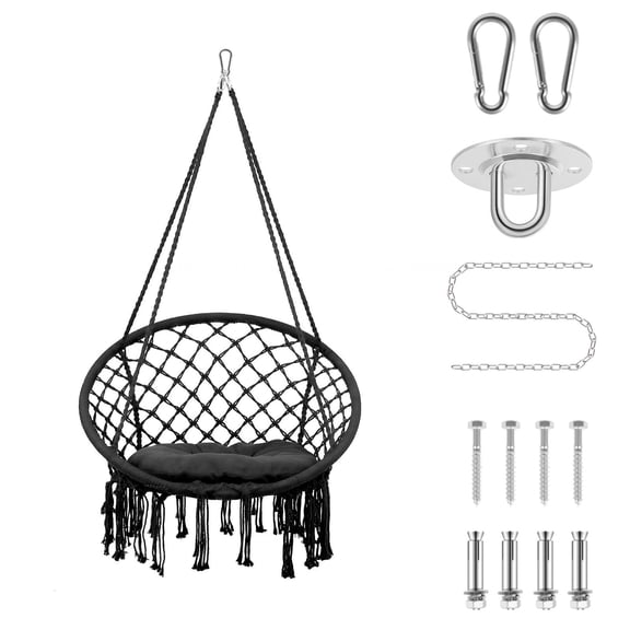 Black Cotton Rope Hammock Chair, Hanging Swing Chair with Tassels, Outdoor Indoor Hammock Chair for Patio Garden Bedroom Relaxation