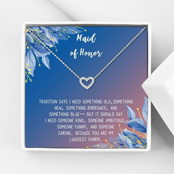 Anavia Maid of Honor Necklace Gift, Maid of Honor Sister Gift, Maid Of Honor Card for Girls, Wedding Gifts Jewelry Necklace-[Silver Mini Crystal Heart, Blue-Orange Gift Card]