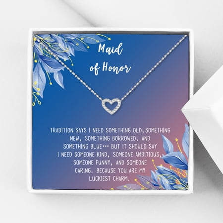 Anavia Maid of Honor Necklace Gift, Maid of Honor Sister Gift, Maid Of Honor Card for Girls, Wedding Gifts Jewelry Necklace-[Silver Mini Crystal Heart, Blue-Orange Gift Card]