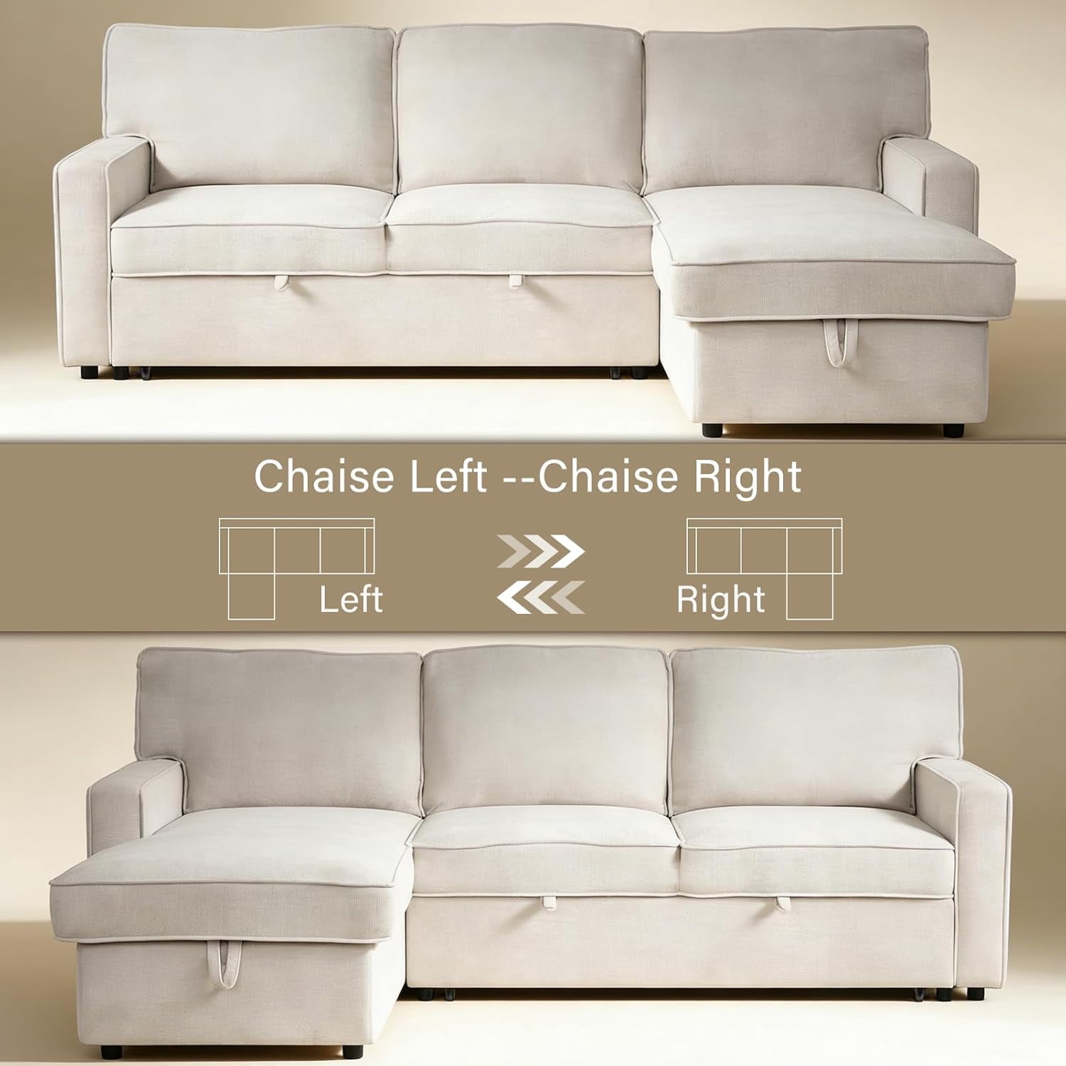 Howcool Sectional Sleeper Sofa,L Shaped Chenille Convertible Sofa Bed 89" 3 Seater with Flip-Down Center Console & USB Charging Ports,Pull Out Couch for Living Room Apartment Office,Beige