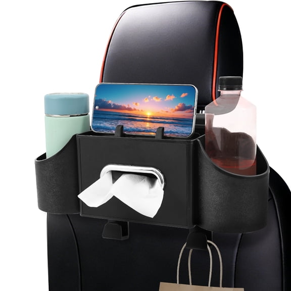 Back Seat Car Organizer, 4 in 1 Multifunctional Vehicle Hanging Organizer – Tissue Cup Holder with Hook and Phone Holder for Sedan, SUV, Truck & Family Vehicle