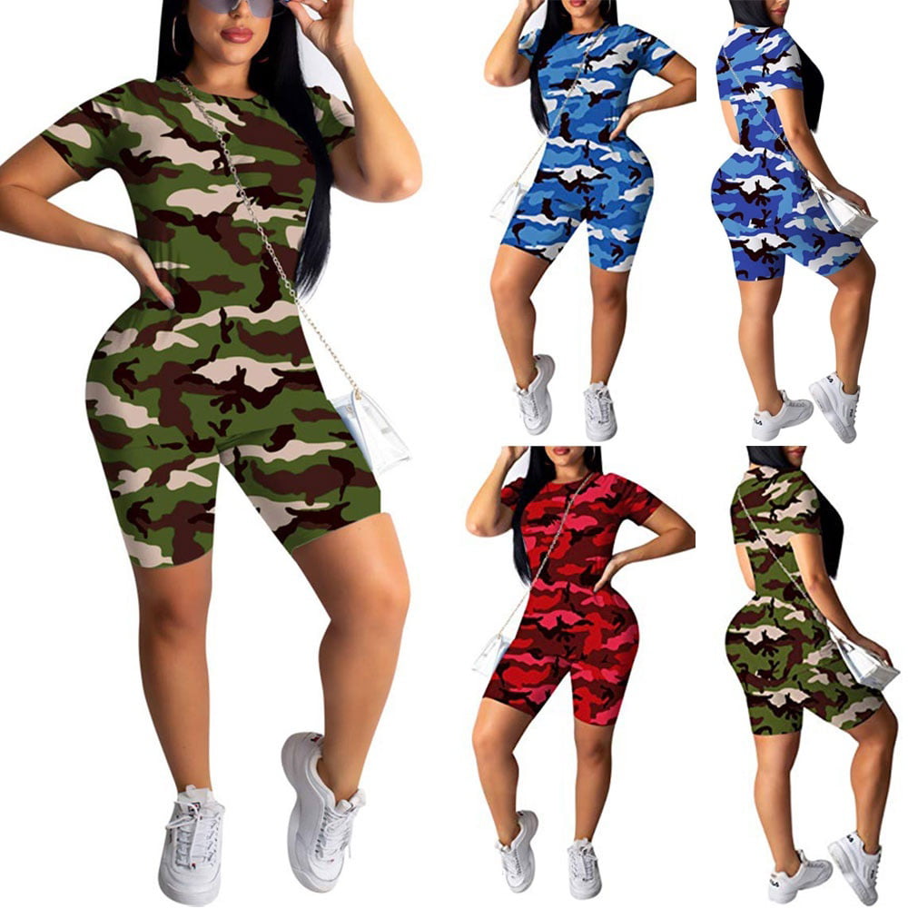 2PCS Ladies Sportswear Sets Camo Print Top Vest Drawstring Waist Shorts Set