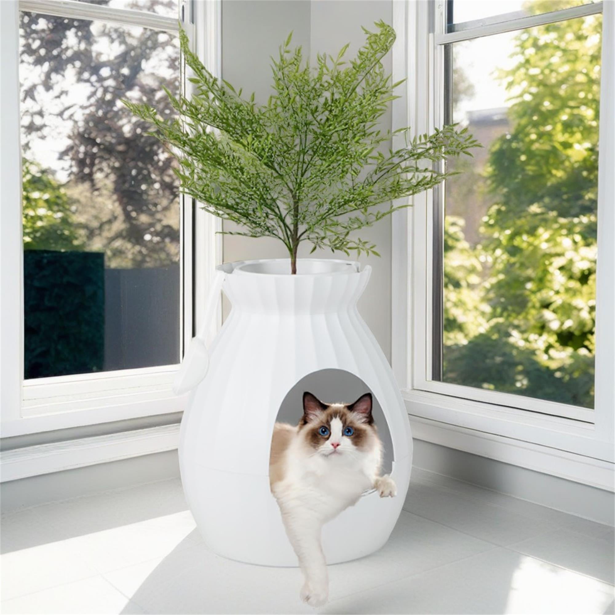 Pefilos 63L Smart Plant Cat Litter Box Enclosure Furniture with Electronic Odor Removal System, Hidden Cat House Washroom with Detachable Door Curtain, Scoop, White