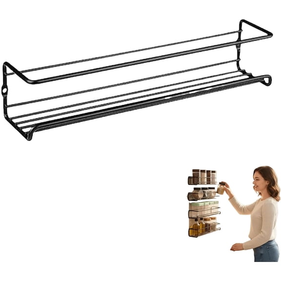 Carbon Steel Wall-Mounted Kitchen Spice Rack, No-Drill Wall-Mounted Spice Rack, SpiceRack for Cabinet Door Storage, For Kitchen Organization(black*1)