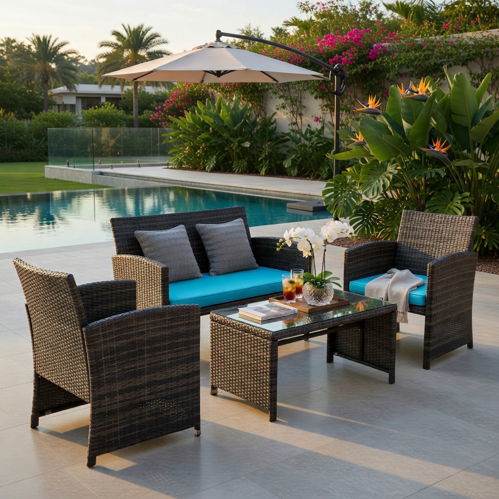Hommoo 4-Piece Outdoor Rattan Patio Furniture Set with Removable Cushions, Turquoise