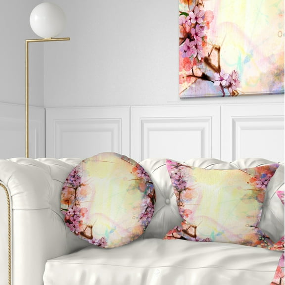 Designart Pink Sakura on Blurred Background - Floral Throw Pillow - 12x20
