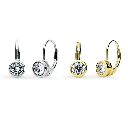 BERRICLE Sterling Silver Solitaire 2.4 Carat Bezel Set Round Cut Cubic Zirconia CZ Anniversary Dangle Drop Earrings for Women, Rhodium Plated and Yellow Gold Flashed, 2 Pairs