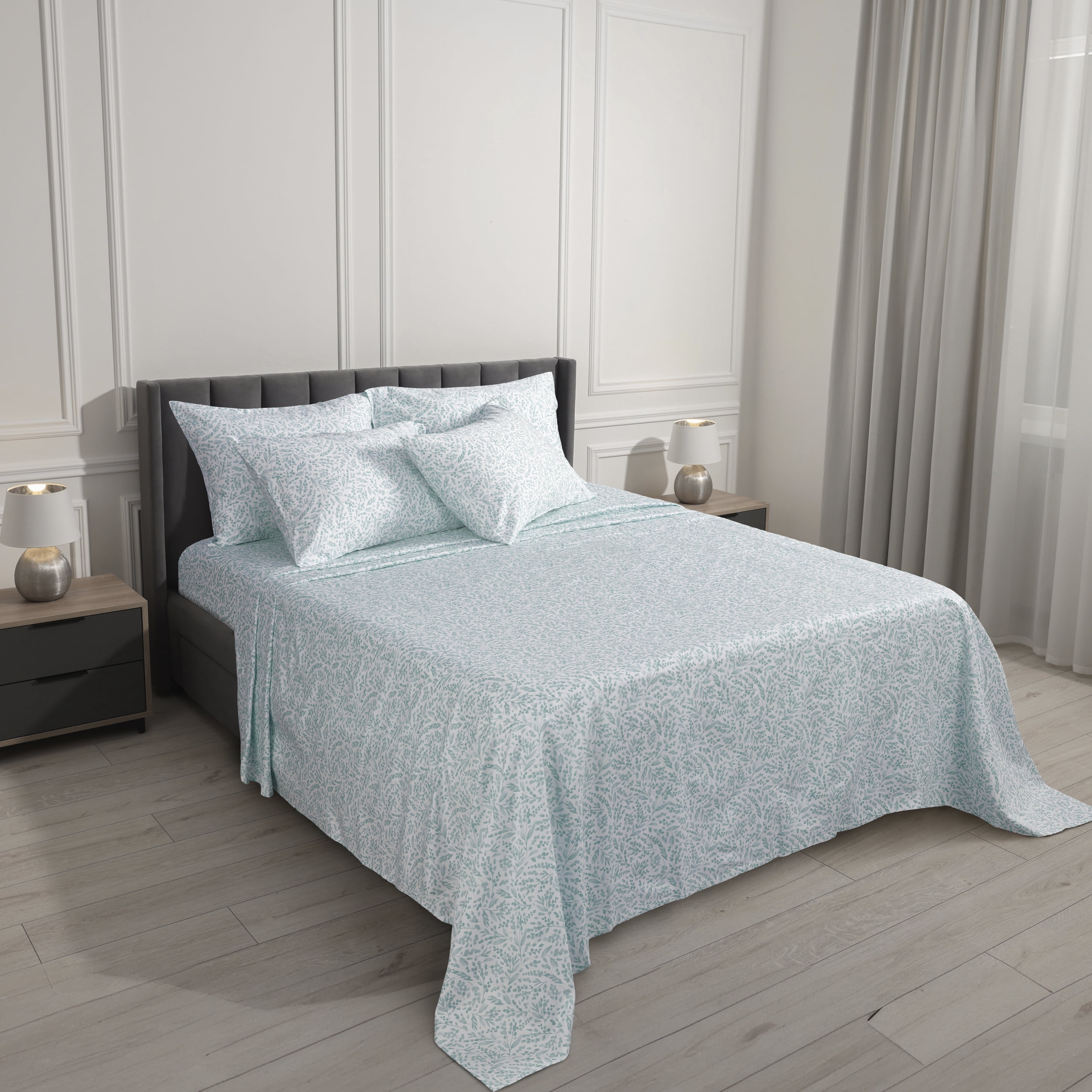 Serta 6-Piece 800 Thread Count Blue Botanical Cotton Rich Adult Bed Sheet Set, King - Deep Pocket