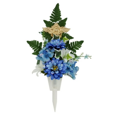Mainstays 20in Outdoor Artificial Floral, Blue Zinnia and White Lily Flowers, with an Angel Decor.