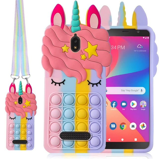 B-Wishy Para Blu View 2 Con Correa Fidget Stress Relief Phone Case Push Pop Bubble 3D Cartoon Funny Cute Silicone Cover Para Niñas Niños Adolescentes Funda Protectora Estética-Arco Iris (Rosa)