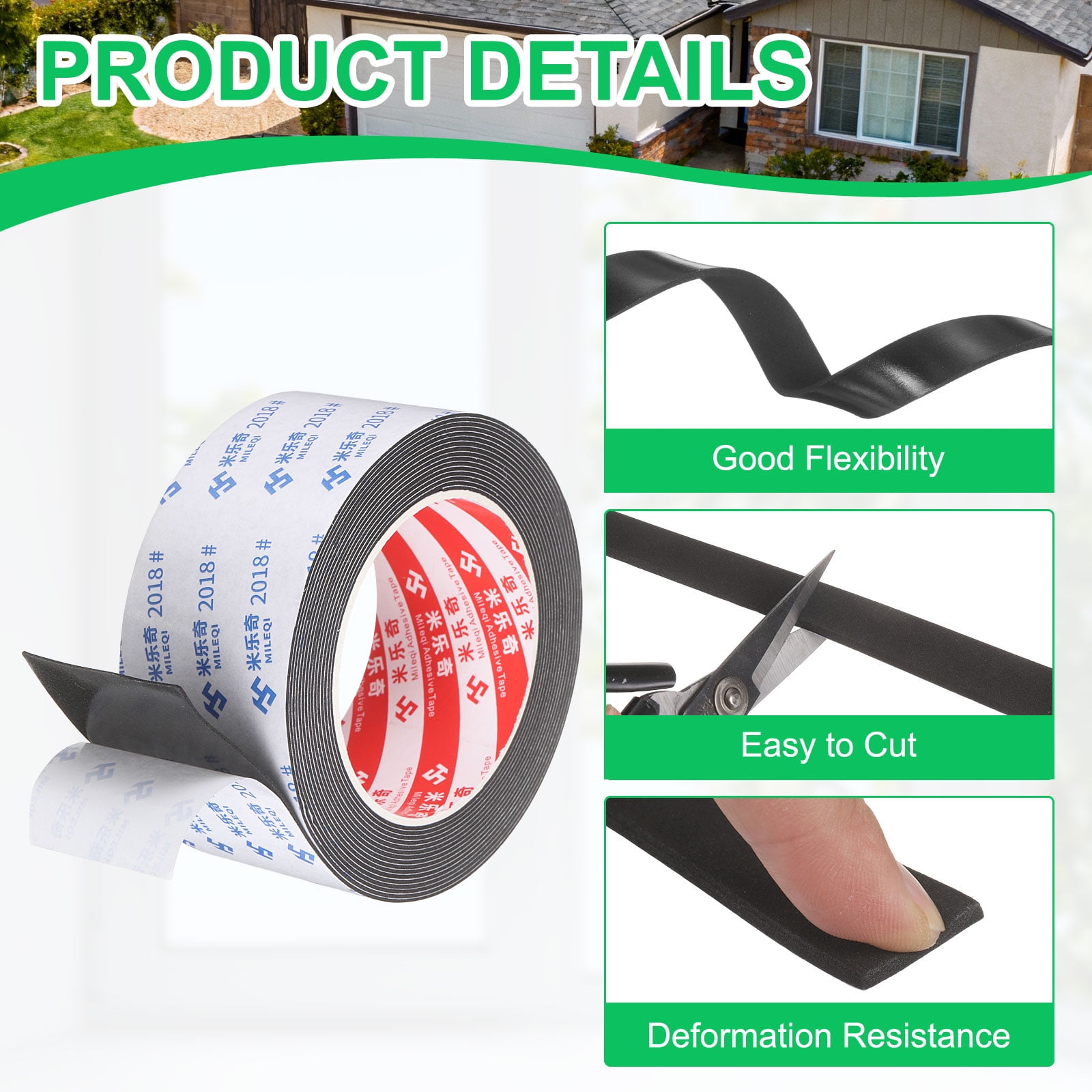 Uxcell 3Roll Sponge Rubber Foam Tape, 1 31/32" W x 1/32" t x 16.4ft l Self-Adhesive Foam Insulation Tape Weather Stripping for Window Door Soundproofing Weatherstrip AC Seal Strip, Black