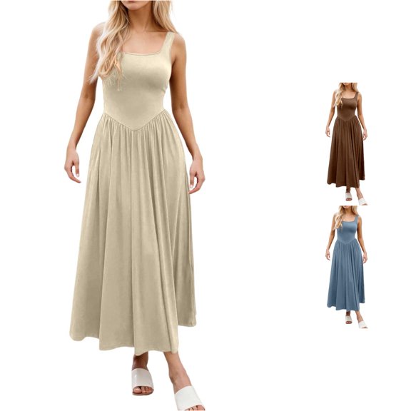 XIAONU Square Neck Tank Maxi Dress for Women High Waist Pleated Flowy Sleeveless Long Dress