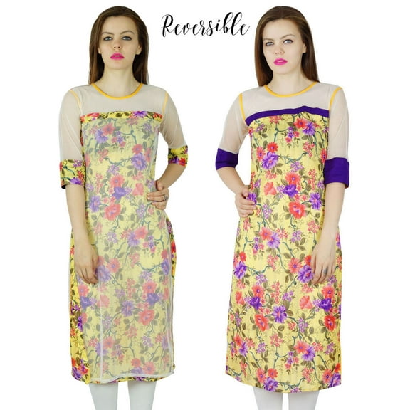 Bimba Women Reversible Kurta Floral Kurti Net Sleeve Tunic Indian Blouse