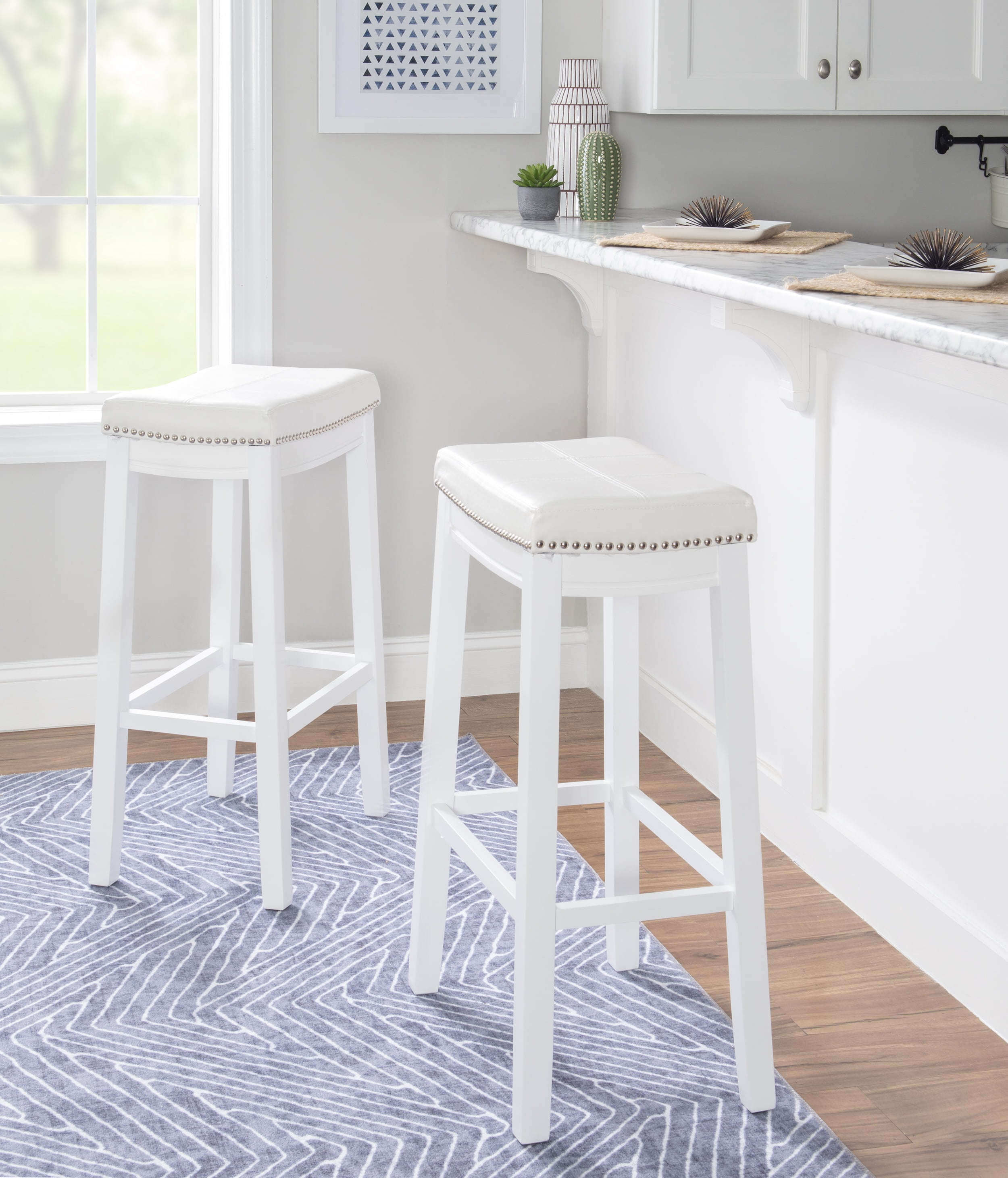 Linon Claridge 32" Backless Wood Bar Stool, White/White Faux Leather, Includes 1 Stool