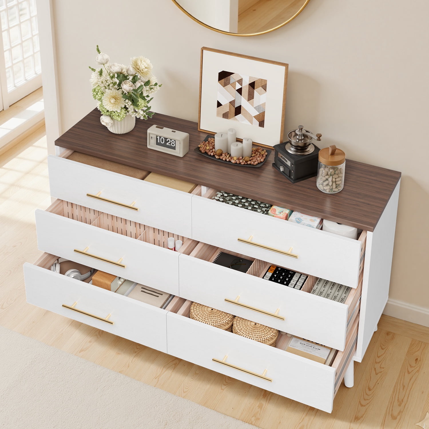Noelse 6 Drawer Dresser with Metal Handles, Modern Storage Chest TV Stand for Bedroom, Rustic White