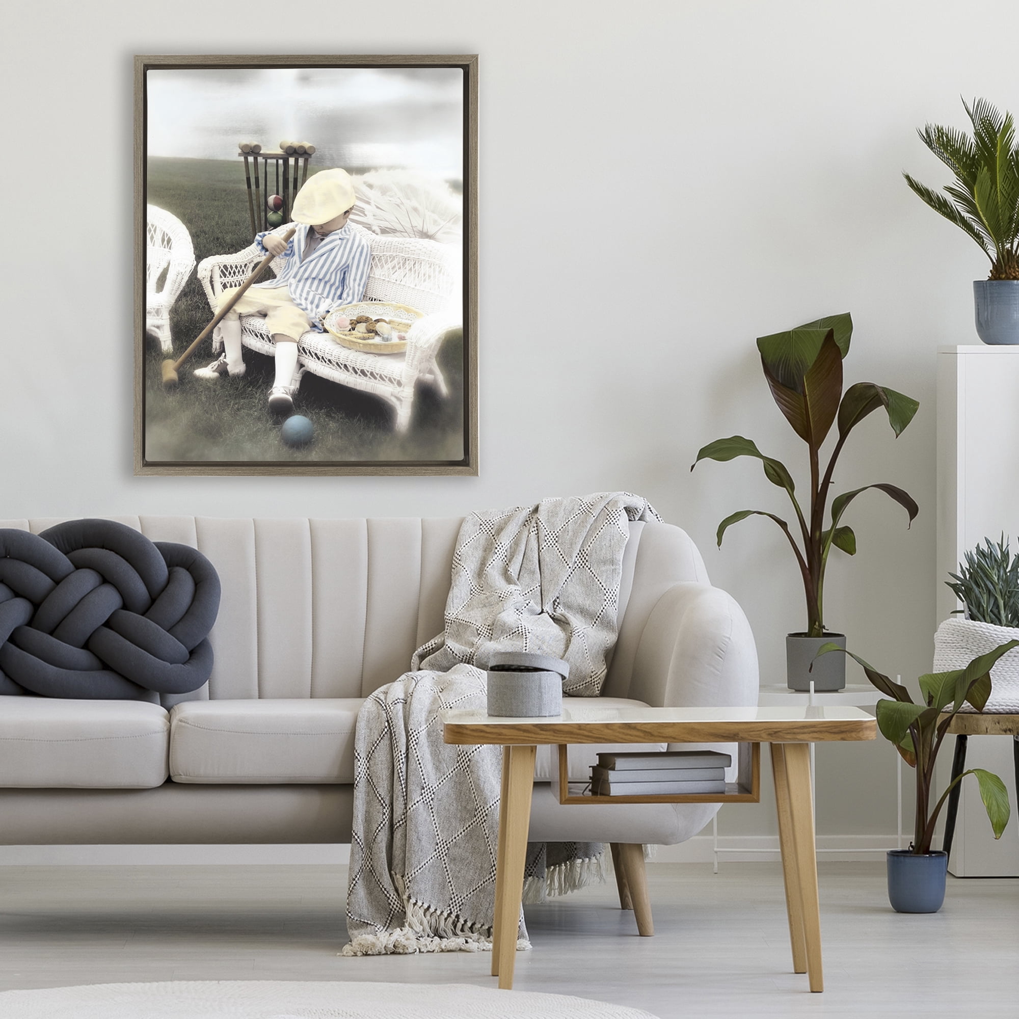Stupell Industries Child with Croquet Mallet Brown Framed Floater Canvas Wall Art, design by Kendra Dew