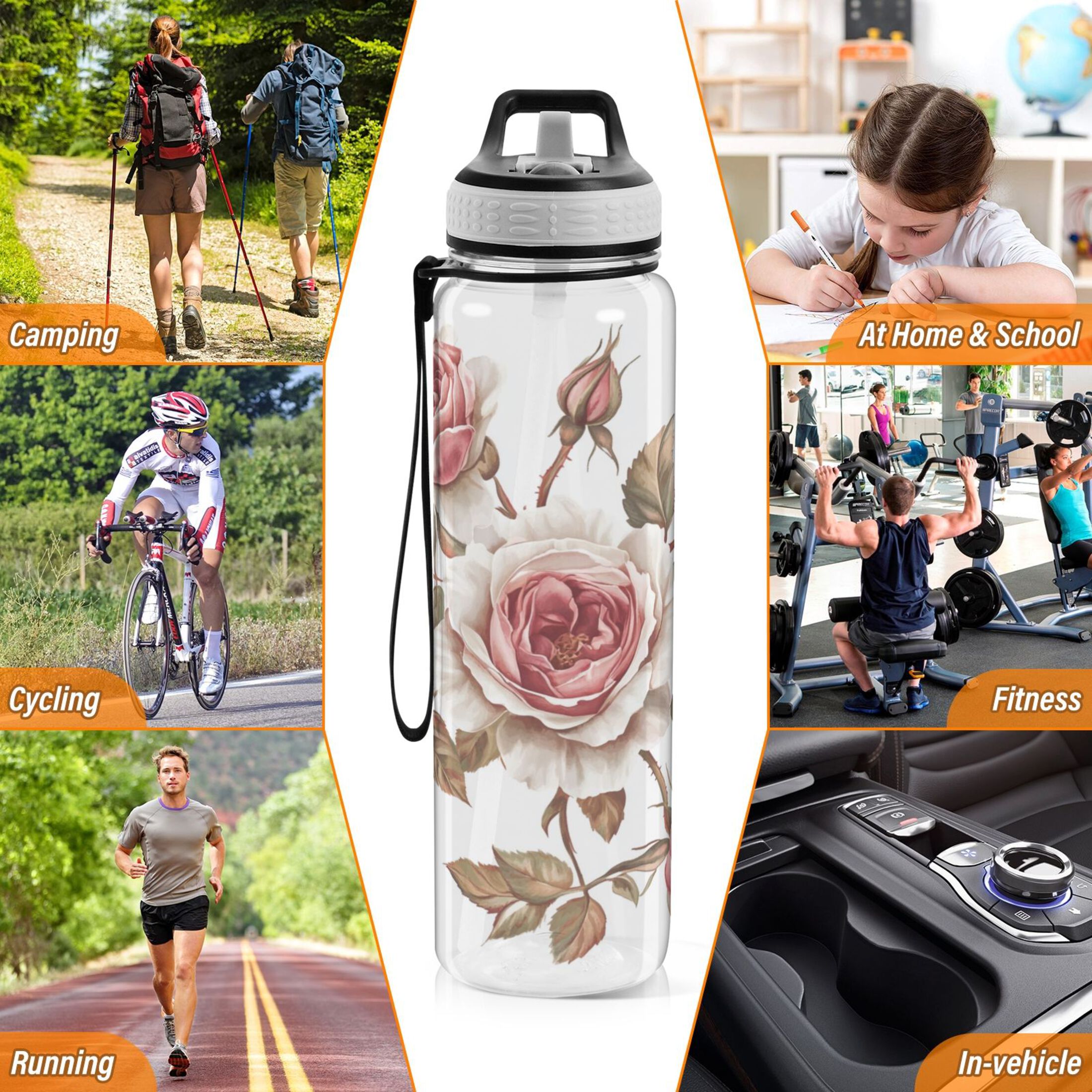 Sports Water Bottle 1000ML Tritan Food Grade Clear Water Bottle Fitness Outdoor Sports Bike Five Pink Roses