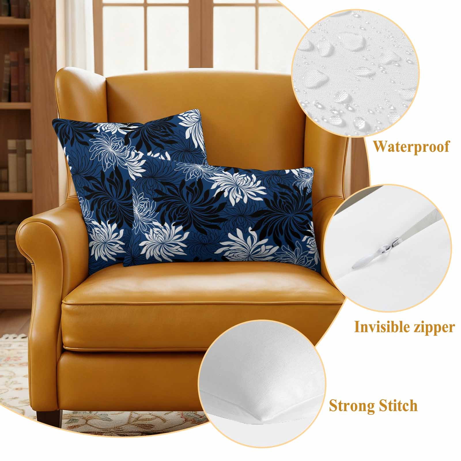 Blue Black Flowers Outdoor Waterproof Throw Pillow Covers 20x20 Set of 2, Modern Abstract Blooms Floral Decorative Pillowcases Cushion Pillowcase for Couch Sofa Patio Outside Pillow Protector