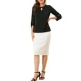 thumbnail image 3 of MODA NOVA Junior's Round Neck Keyhole Pleated Shirred 3/4 Sleeve Blouse Black M, 3 of 7