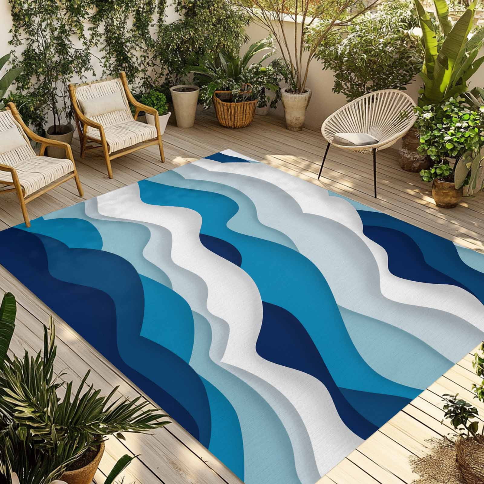 Outdoor Rug 3x5 ft Blue White Ombre Sea Wave Outdoor Large Area Rug Non Slip Rubber Abstract Geometric Front Door Mat RV Rug Camping Carpet Patio Outdoor Rugs for Backyard Balcony Deck Porch Indoor