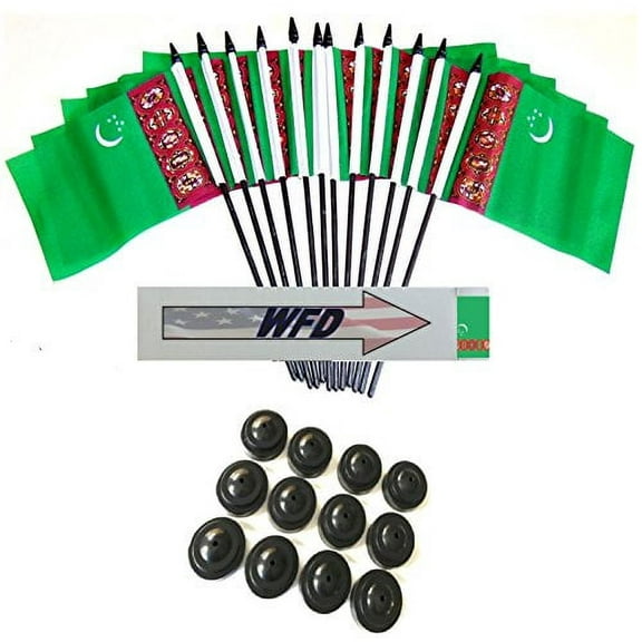 Pack of 12 4"x6" Turkmenistan Polyester Miniature Office Desk & Little Table Flags, 1 Dozen 4"x 6" Turk Small Mini Handheld Waving Stick Flags with 12 Flag Bases (Flags with Stands)