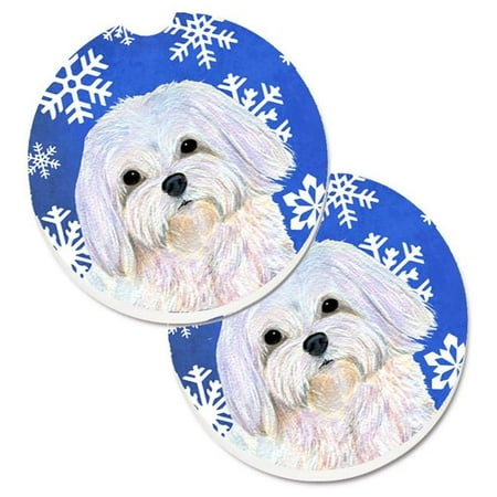 

Maltese Winter Snowflakes Holiday Set of 2 Cup Holder Car Coaster