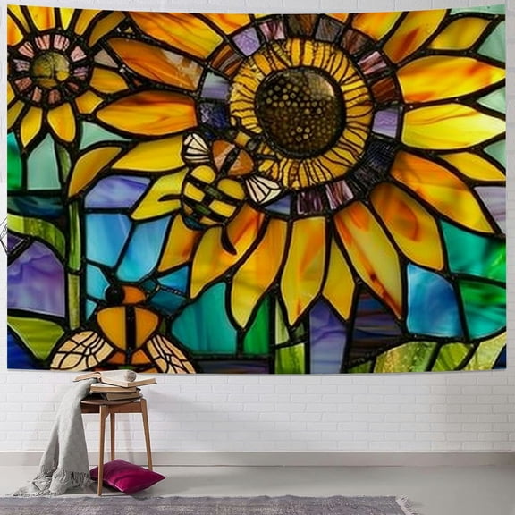 Sheronv Sunflower Bee Stained Glass Tapestry Wall Hanging Unique Style Home Wall Decor Art Living Room Bedroom Dorm 40x30inch