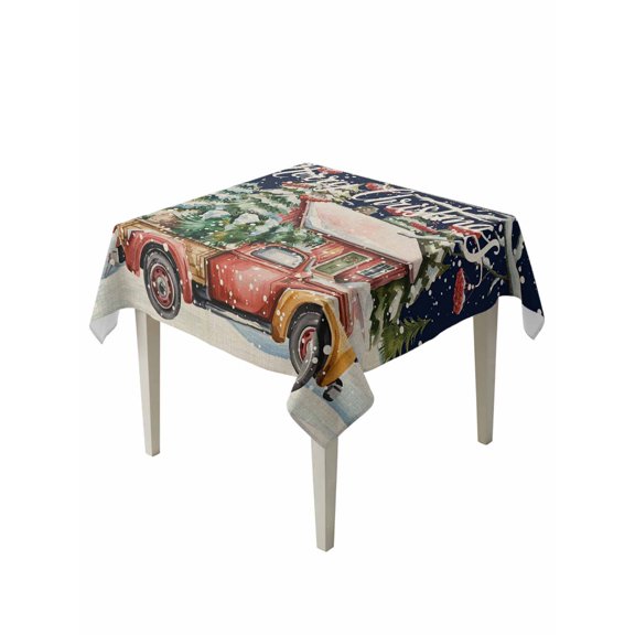 Square Tablecloth 54 x 54 Inches Merry Christmas Red Truck Pine Trees Blue Waterproof & Stain Resistance Table Cloth Decorative Fabric Table Cover for Dinning/Party/Buffet/Banquet
