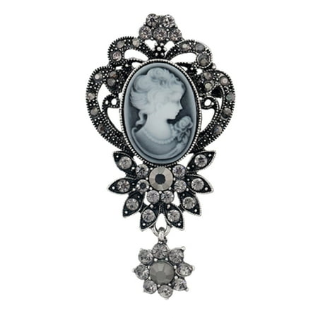 - Antique Silver Tone Flower Style Dangle Crystal Cameo Brooch Pin Jewelry BROOCH-05