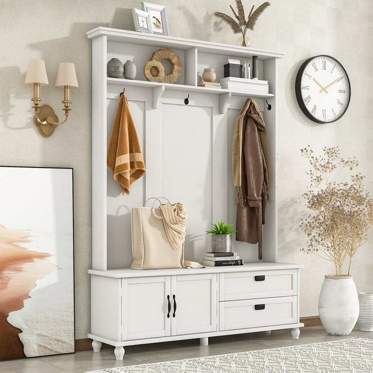 Porkiss Modern Entryway Hanging Hall Tree 80.3 inch with Storage Cabinet 2 Drawers Solid Wood Bench and 5 Coat Hooks