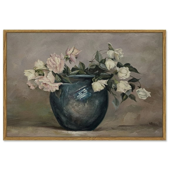 Drsoum 16x24in Vintage Classical Canvas Wall Art Framed Oil Painting The Flowers of a Vase Room Decor for Bathroom Bedroom Living Room - Natural Framed