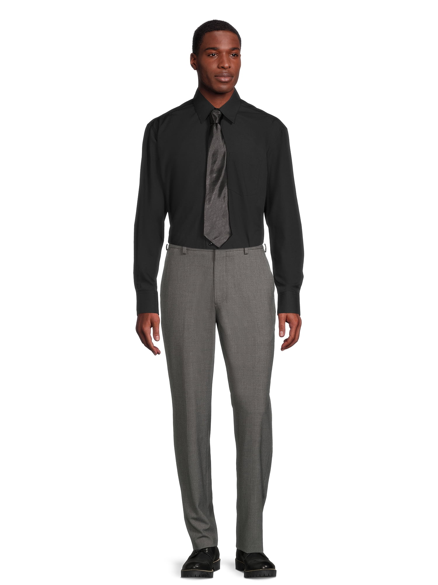 Silver Label Men’s Long Sleeve Solid Dress Shirt with Front Chest Pocket and Coordinating Necktie