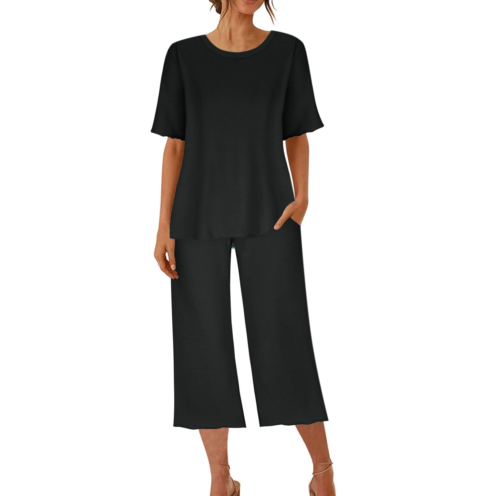 BONIXOOM Womens Christmas Pajamas Family Christmas Pajamas Matching Sets Loungewear Tie Short Sleeve Sleepwear Sets Solid Black XL