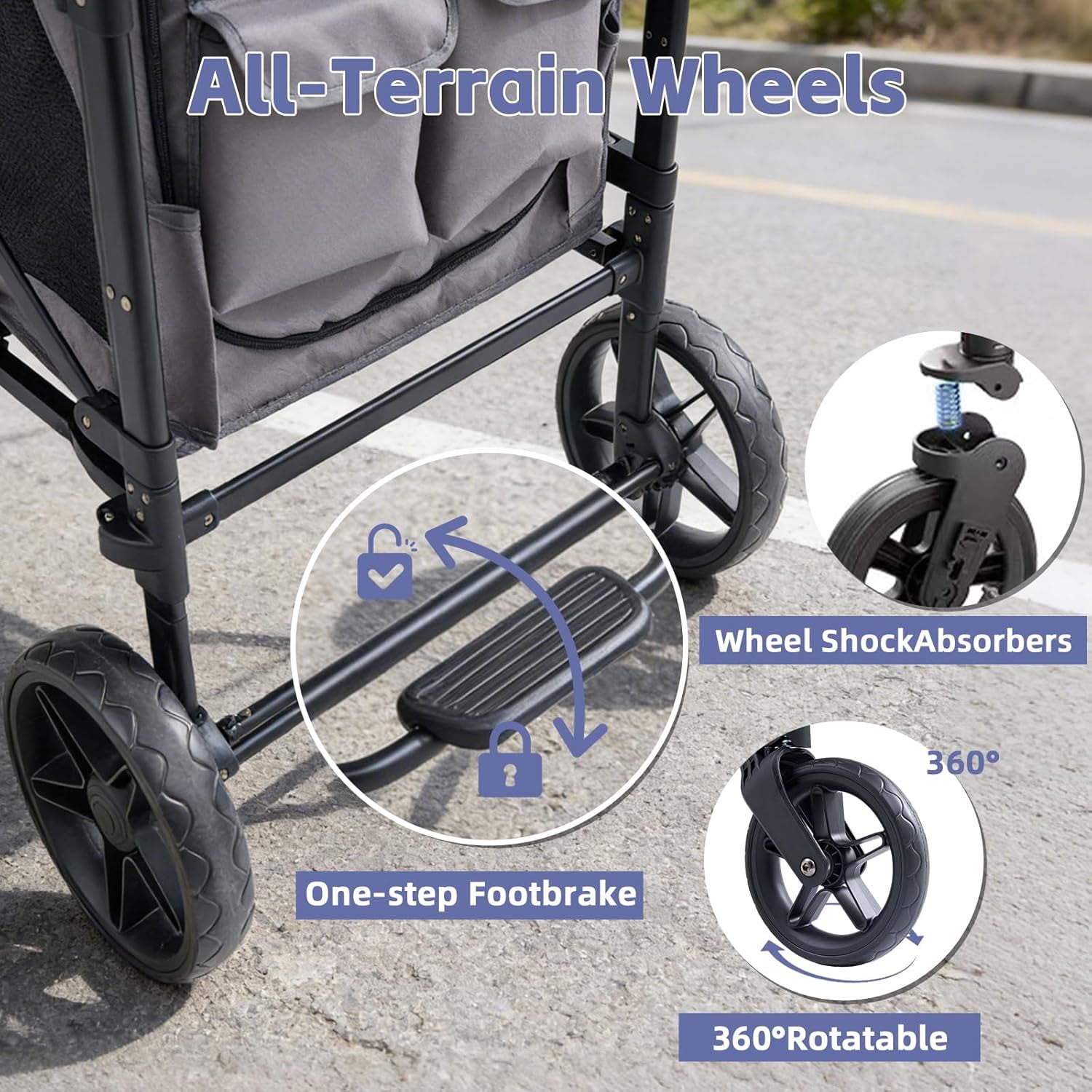 4-Seater Wagon Stroller for Kids, Linor All-Terrain Folding Wagon with Adjustable Push Handles, Removable Canopy, Snack Tray, Large Storage Bag & Phone Holder